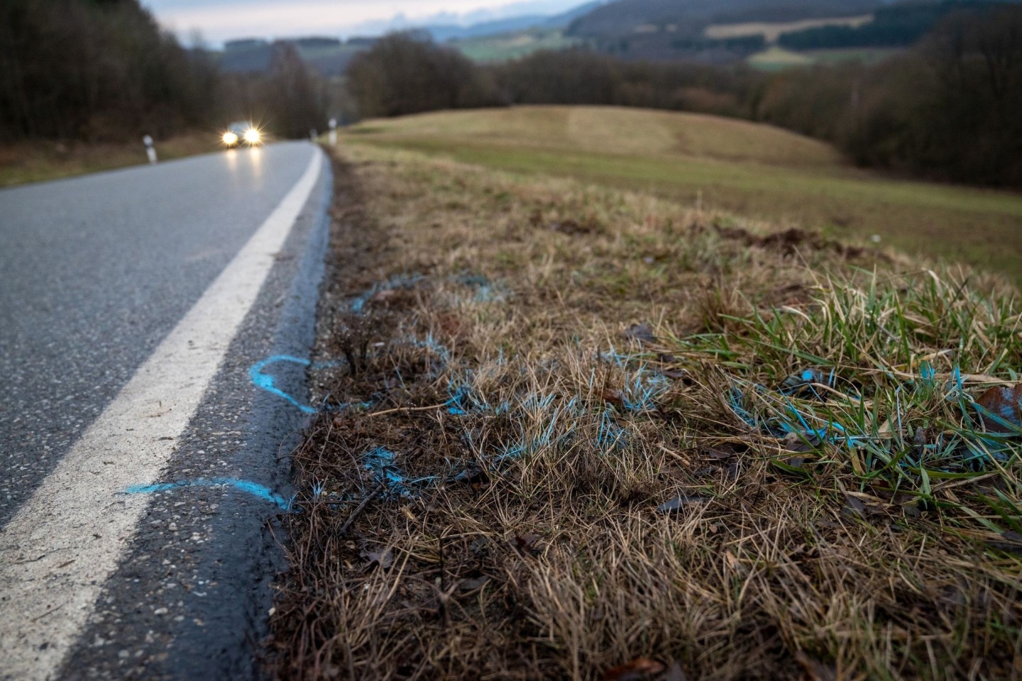 Markierungen wurden am Rand der Kreisstraße 22 zwischen den Orten Mayweilerhof und Ulmet (Rheinland-Pfalz) aufgetragen. Dort wurden Anfang 2022 eine Polizistin und ein Polizist bei einer Ve...