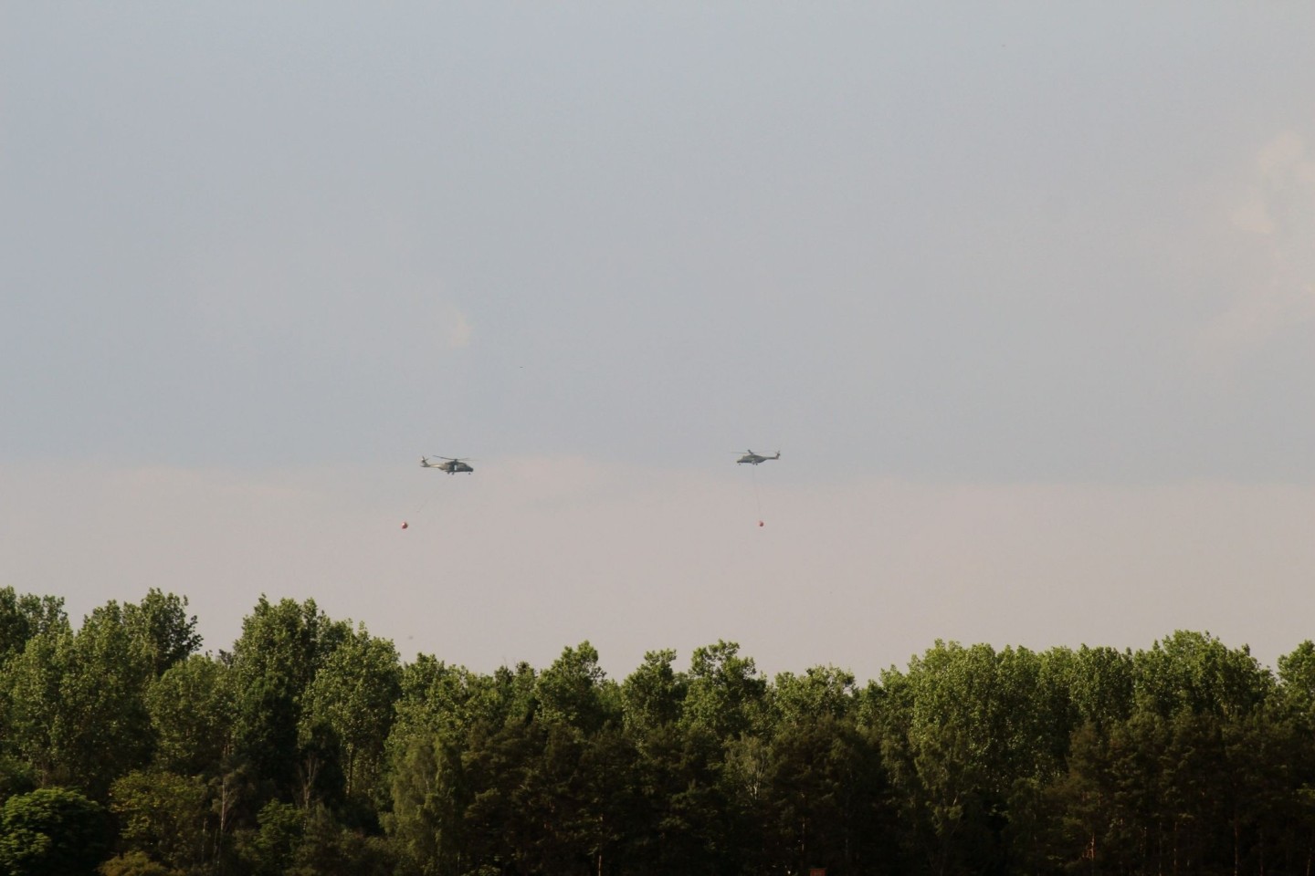 Hubschrauber der Bundeswehr und Bundespolizei überfliegen überfliegen das Waldbrandgebiet Forst Zinna bei Jüterbog und löschen aus der Luft.